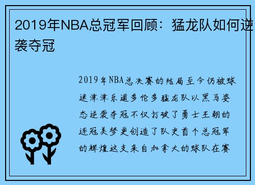 2019年NBA总冠军回顾：猛龙队如何逆袭夺冠