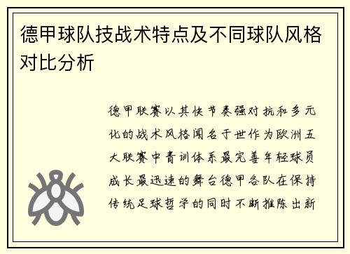 德甲球队技战术特点及不同球队风格对比分析