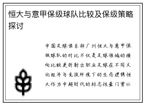 恒大与意甲保级球队比较及保级策略探讨
