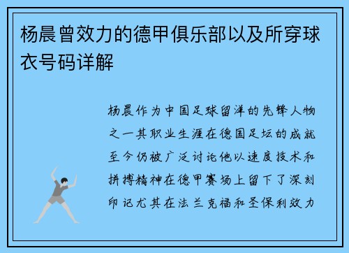 杨晨曾效力的德甲俱乐部以及所穿球衣号码详解